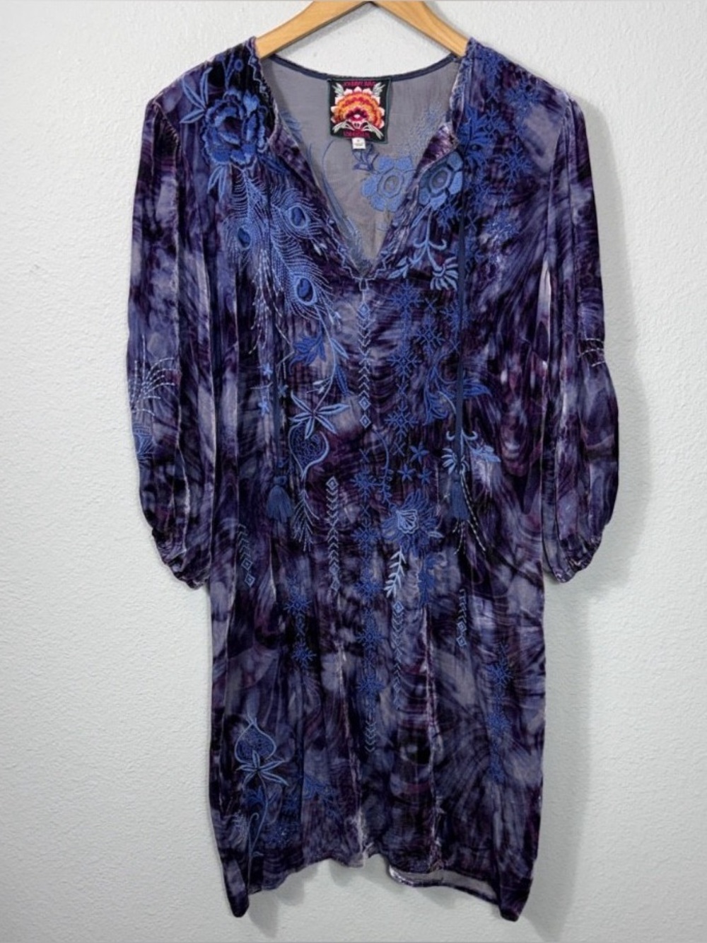 Johnny Was Azure Velvet Relaxed Tunic Dress Small Velour Floral Flowy Purple